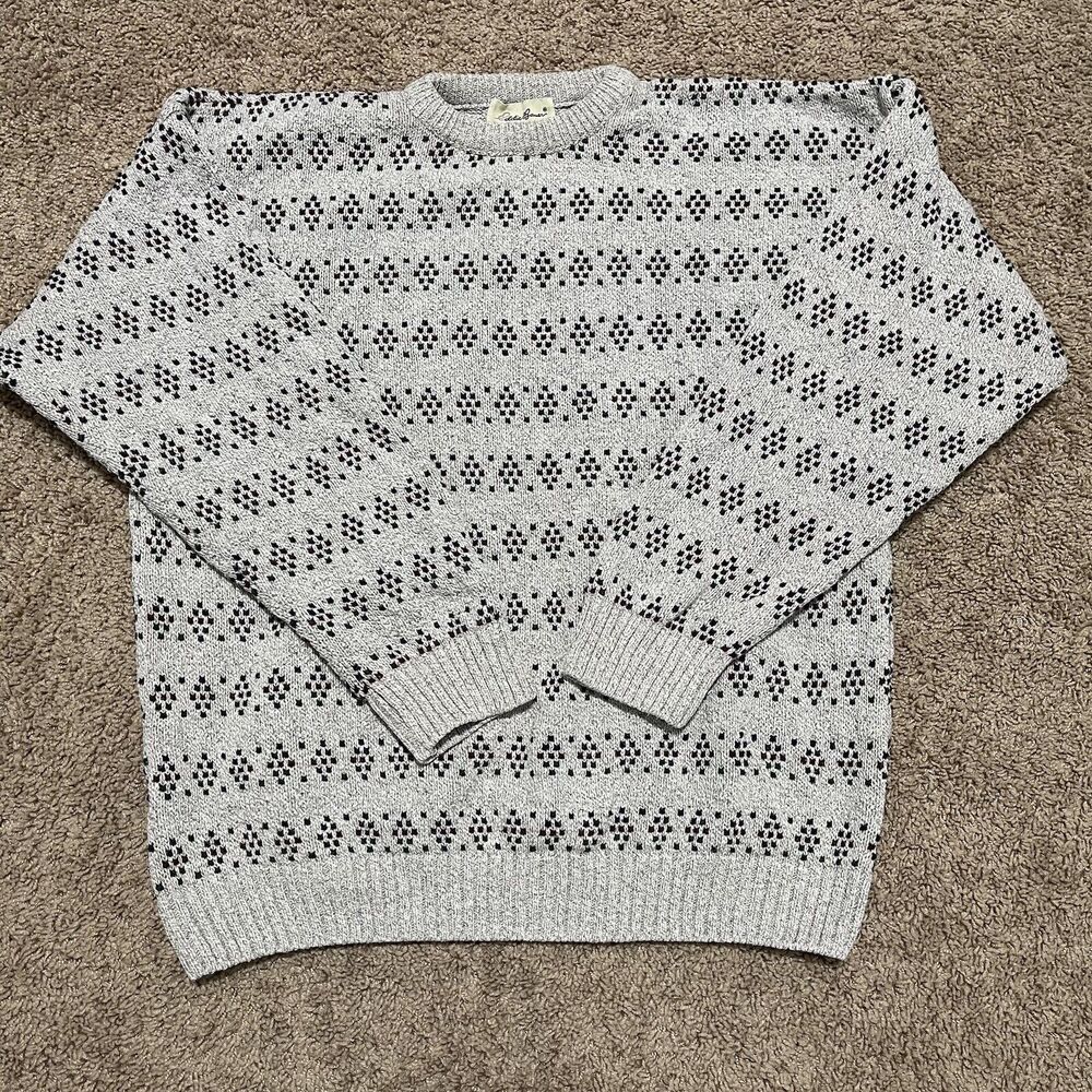VTG Eddie Bauer Sweater Mens‎ Large White Geometric Knit Earth Tones Grandpa 90s